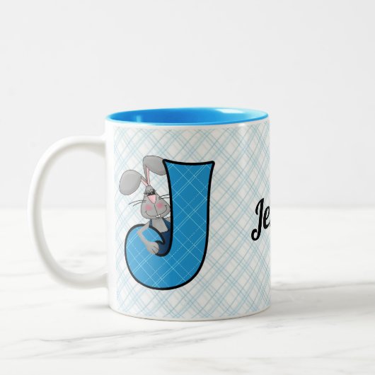Kind Blue Jackrabbit Monogram Letter J met naam Tweekleurige Koffiemok (Links)