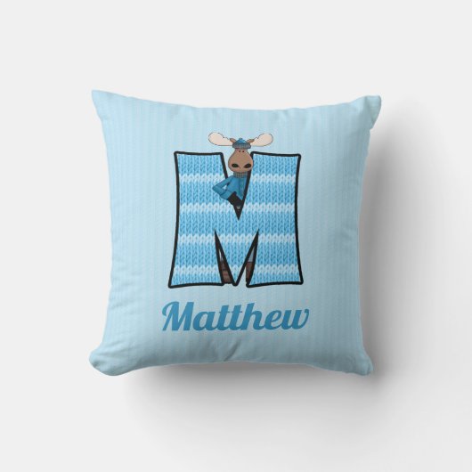 Kind Blue Knit Print Moose Monogram Letter M Kussen (Voorkant)