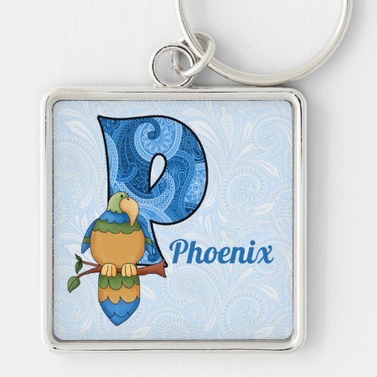 Kind Blue Paisley Parrot Monogram Letter P Sleutelhanger (Voorkant)