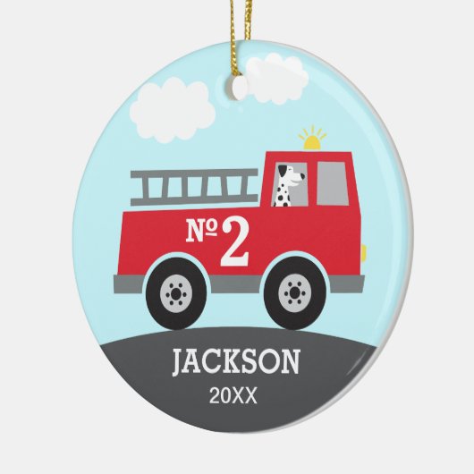 Kind brandweerwagen keramisch ornament (Links)