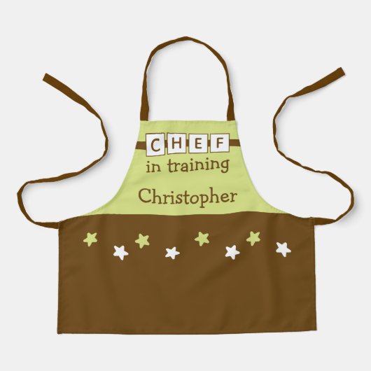 Kind Chef naam sterren groen bruin Schort (Voorkant)