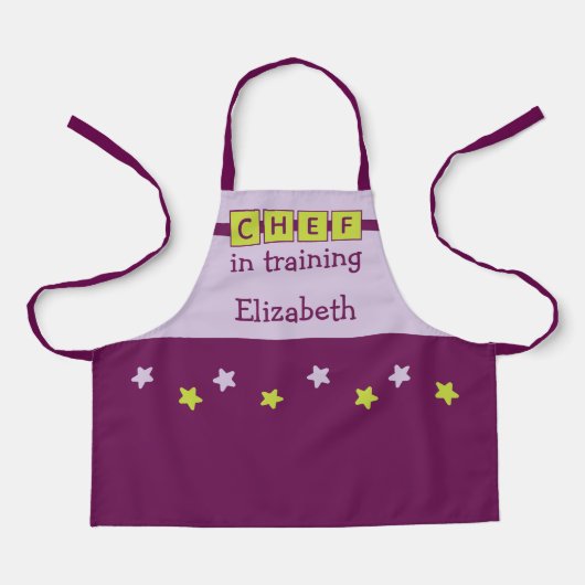 Kind Chef naam sterren paars groen Schort (Voorkant)