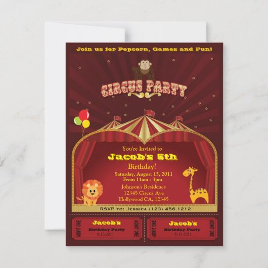 Kind Circus Birthday Party nodigt uit Kaart (Voorkant)
