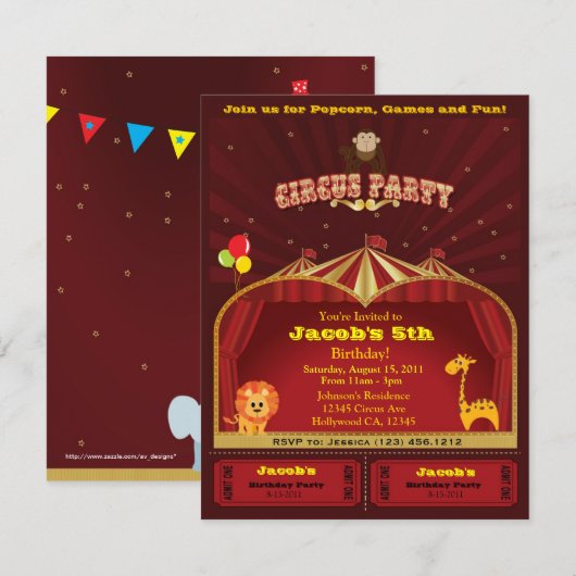 Kind Circus Birthday Party nodigt uit Kaart (Voorkant / Achterkant)