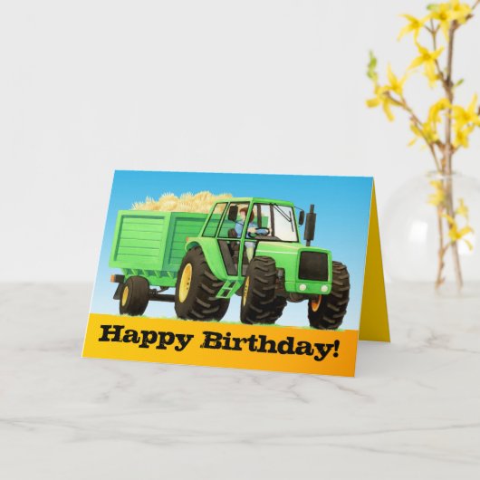 Kind Custom Green Boerderij Tractor Happy Birthday Kaart (Gele Bloem)