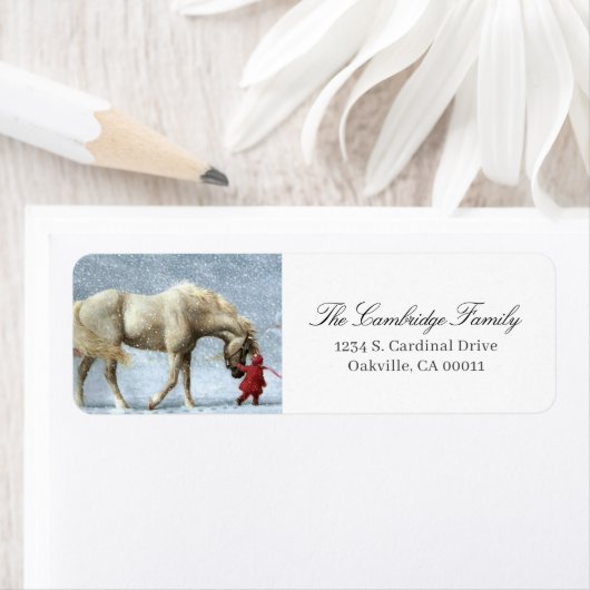 Kind dat een paard leidt in de sneeuwvakantie etiket (Insitu)