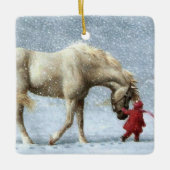 Kind dat een paard leidt in de sneeuwvakantie keramisch ornament (Voorkant)