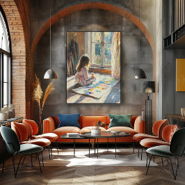 Kind dat in een door zonlicht overspoelde kamer sc poster
