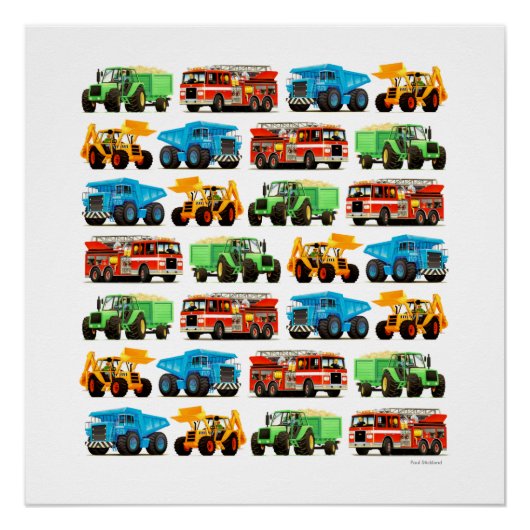 Kind Dumper Truck Firetruck Tractor Art Perfect Poster (Voorkant)