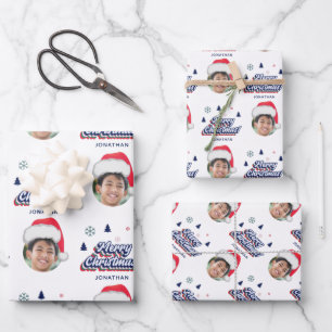 Kind - Eigen foto en naam Santa Hat Retro Xmas Fun Inpakpapier Vel