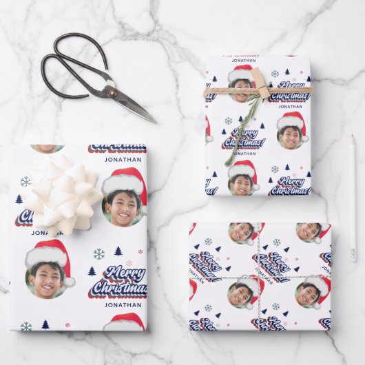 Kind - Eigen foto en naam Santa Hat Retro Xmas Fun Inpakpapier Vel (Voorkant)
