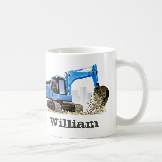 Kind - Eigen naam blauwe graafmachine Koffiemok (Rechts)