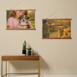 Kind en Hond Horizonaal Wandtapijt Kunst Set Hangend Wandkleed