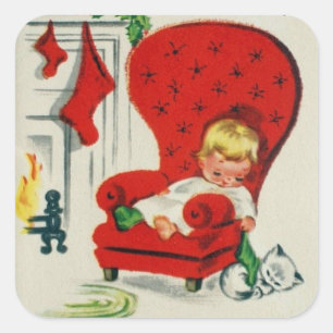 kind en kat wachten op de kerstman vierkante sticker