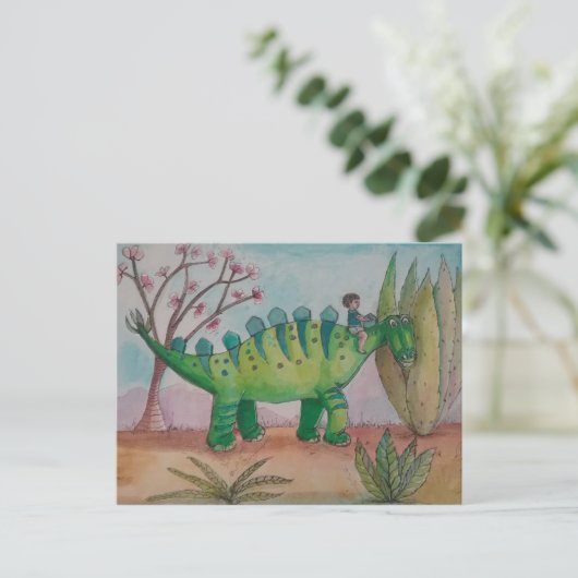Kind en zijn huisdier dinosaurus briefkaart (Staand voorkant)