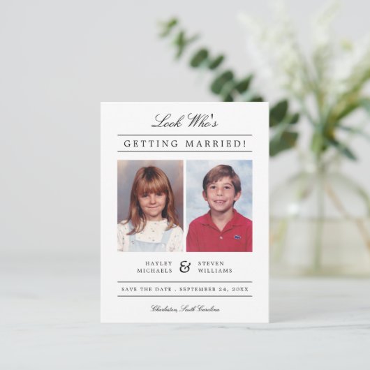 Kind Foto Sla de datum op | Wit Briefkaart (Staand voorkant)