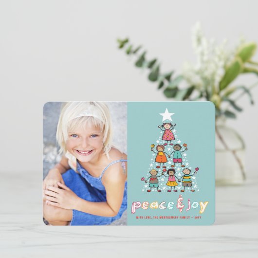 Kind Foto van Peace & Joy Cartoon kerstboom Feestdagenkaart (Staand voorkant)