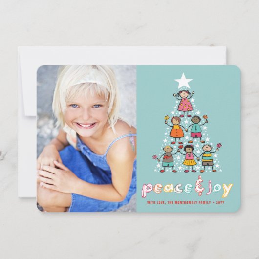 Kind Foto van Peace & Joy Cartoon kerstboom Feestdagenkaart (Voorkant)