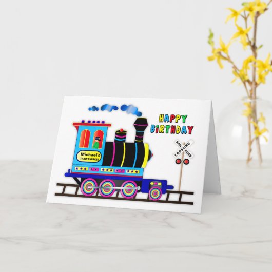 Kind Fun Birthday Train and Engineer Name Insert Kaart (Gele Bloem)