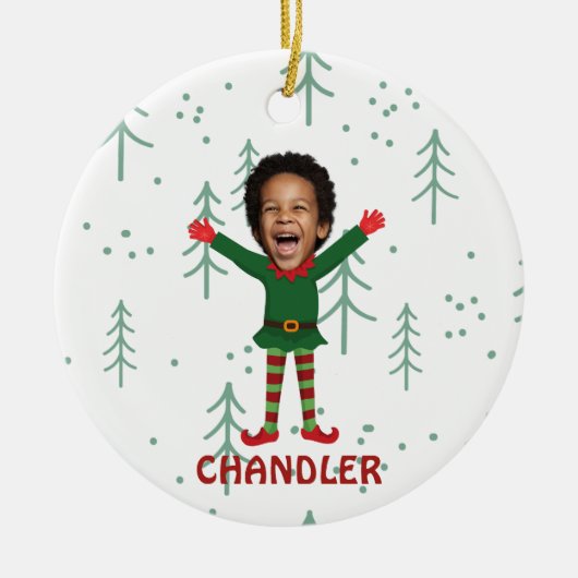 Kind Gezicht & Naam Elf Kerst Grappig Cadeau Keramisch Ornament (Voorkant)