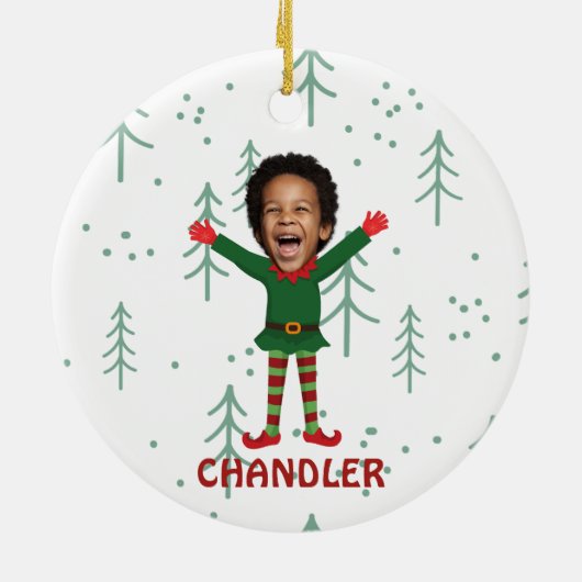 Kind Gezicht & Naam Elf Kerst Grappig Cadeau Keramisch Ornament (Achterkant)