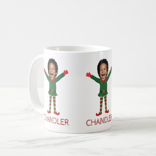 Kind Gezicht & Naam Elf Kerst Grappig Cadeau Koffiemok (Voorkant links)