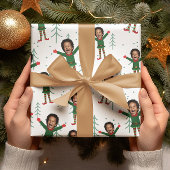 Kind Gezicht & Naam Elf Kerst Grappig Patroon Cadeaupapier
