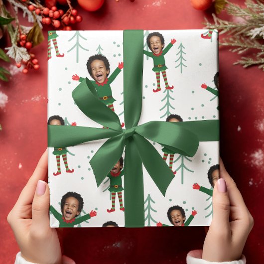 Kind Gezicht & Naam Elf Kerst Grappig Patroon Cadeaupapier
