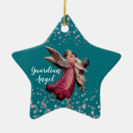 Kind Guardian Angel in Blue Kerstthema Star Keramisch Ornament (Voorkant)