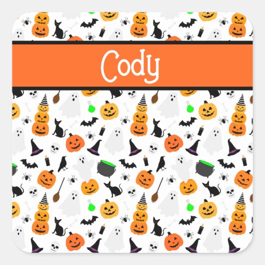 Kind Halloween Ghost Pumpkin Black Cat Personalise Vierkante Sticker (Voorkant)