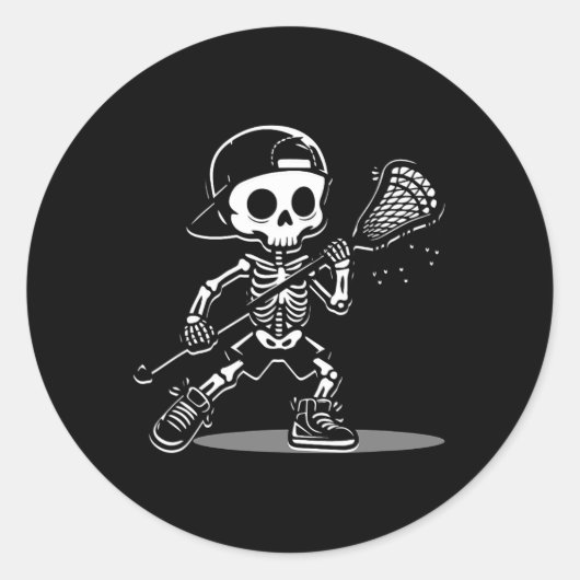Kind Halloween Skelet Spelen Lacrosse Sport Play Ronde Sticker (Voorkant)