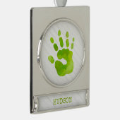 Kind Handafdruk Groene NAAM Hout Elegant Verzilverd Banner Ornament (Rechts)