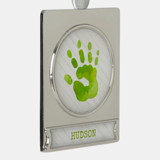 Kind Handafdruk Groene NAAM Hout Elegant Verzilverd Banner Ornament (Rechts)