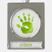 Kind Handafdruk Groene NAAM Hout Elegant Verzilverd Banner Ornament (Voorkant)
