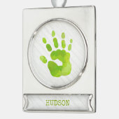 Kind Handafdruk Groene NAAM Hout Elegant Verzilverd Banner Ornament (Links)