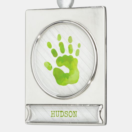 Kind Handafdruk Groene NAAM Hout Elegant Verzilverd Banner Ornament (Links)