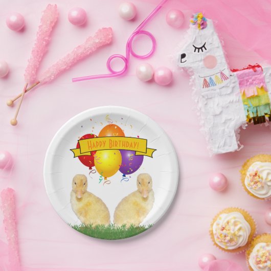 Kind Happy Birthday Yellow Ducklings ballonnen Papieren Bordje (Feest)