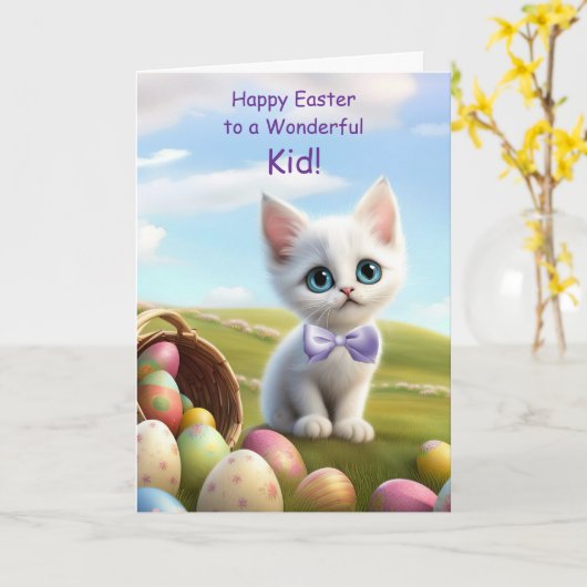 Kind Happy Easter met Darling Schattige White Kitt Kaart (Gele Bloem)
