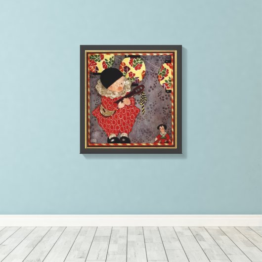 kind Harlequin, muzikant die Banjo speelt Canvas Afdruk (Insitu (Houten vloer))