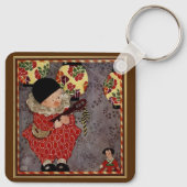  kind Harlequin, muzikant die Banjo speelt Sleutelhanger (Achterkant)