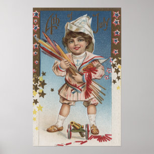 Kind Holding Fireworks en Rockets Poster