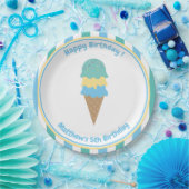 Kind Ice Cream Party Blue Green Stripes Papieren Bordje (Feest)