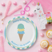 Kind Ice Cream Party Blue Green Stripes Papieren Bordje (Feest)