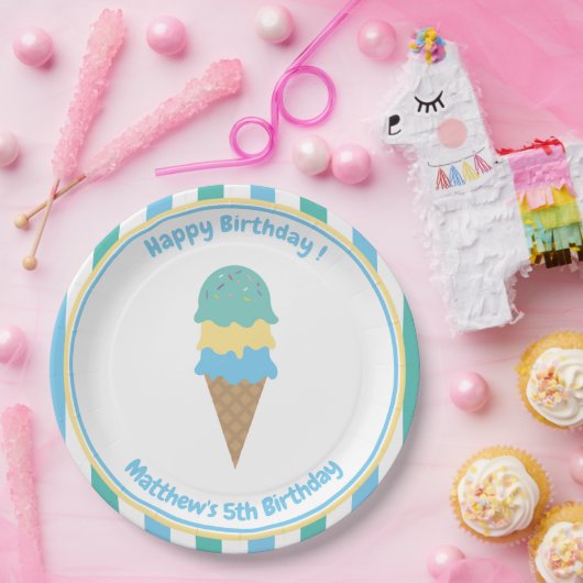 Kind Ice Cream Party Blue Green Stripes Papieren Bordje (Feest)