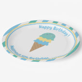 Kind Ice Cream Party Blue Green Stripes Papieren Bordje (Gekanteld)