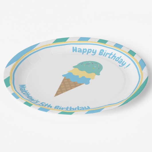 Kind Ice Cream Party Blue Green Stripes Papieren Bordje (Gekanteld)