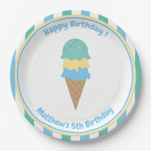 Kind Ice Cream Party Blue Green Stripes Papieren Bordje
