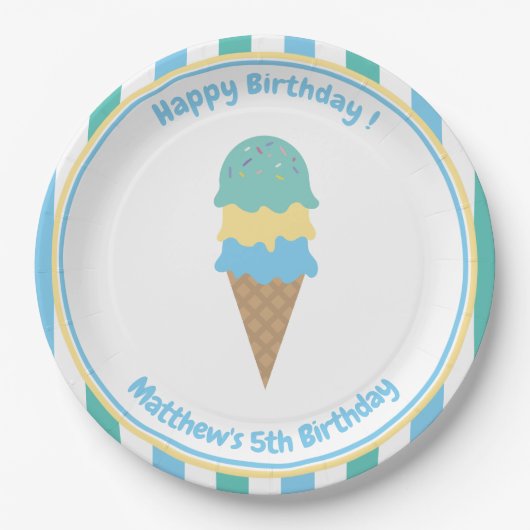Kind Ice Cream Party Blue Green Stripes Papieren Bordje (Voorkant)
