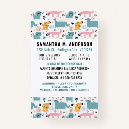 Kind ID Emergency Schattigee Honden Kinder Identif Badge (Achterkant)