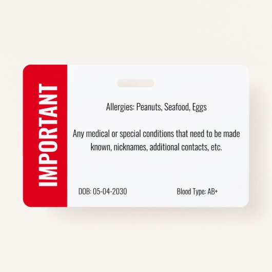 Kind ID Medische Noodallergie Foto Badge (Achterkant)